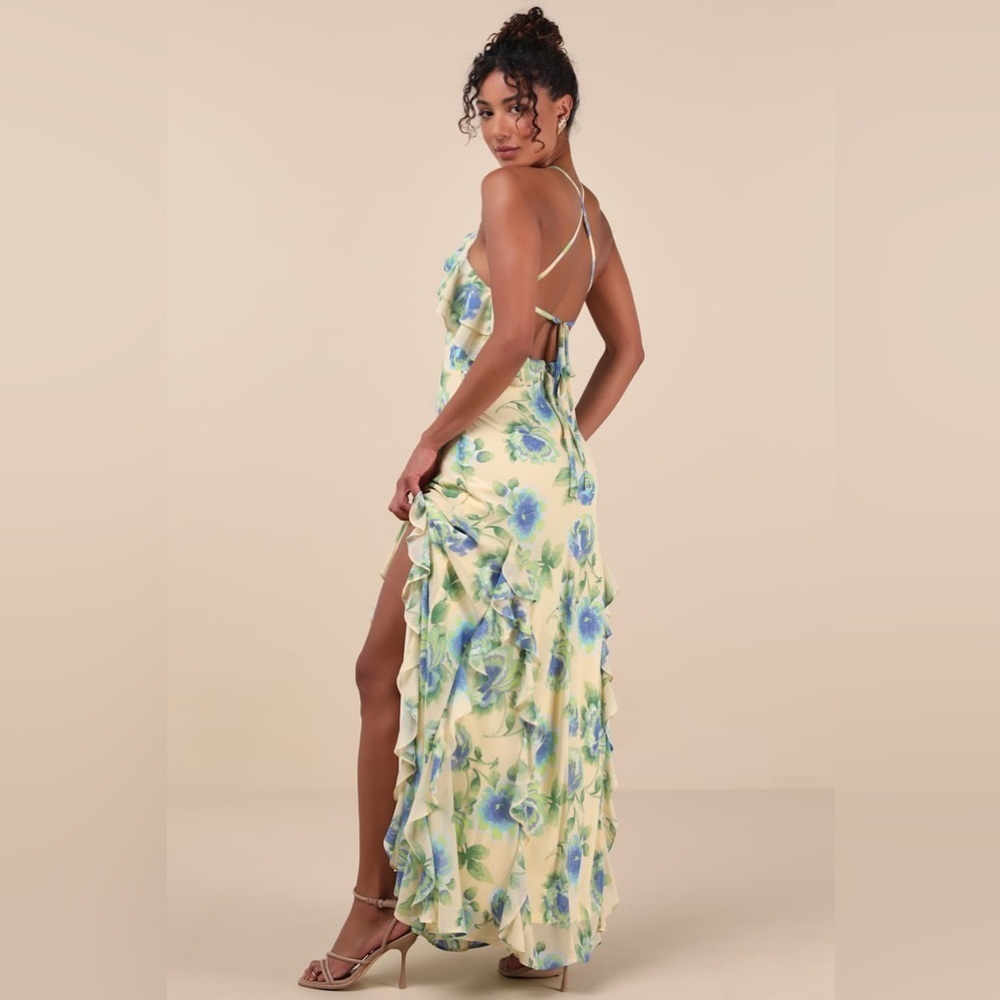 LULU’S Casey Yellow Floral Halter Ruffled Maxi Dress - Picture 3 of 5